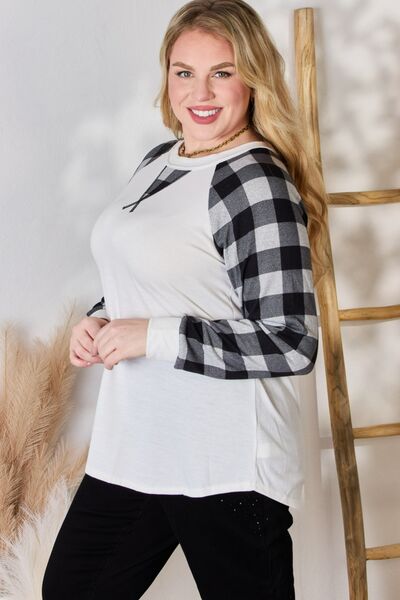 Hailey & Co Full Size Plaid Raglan Sleeve Round Neck Blouse - Ladyez