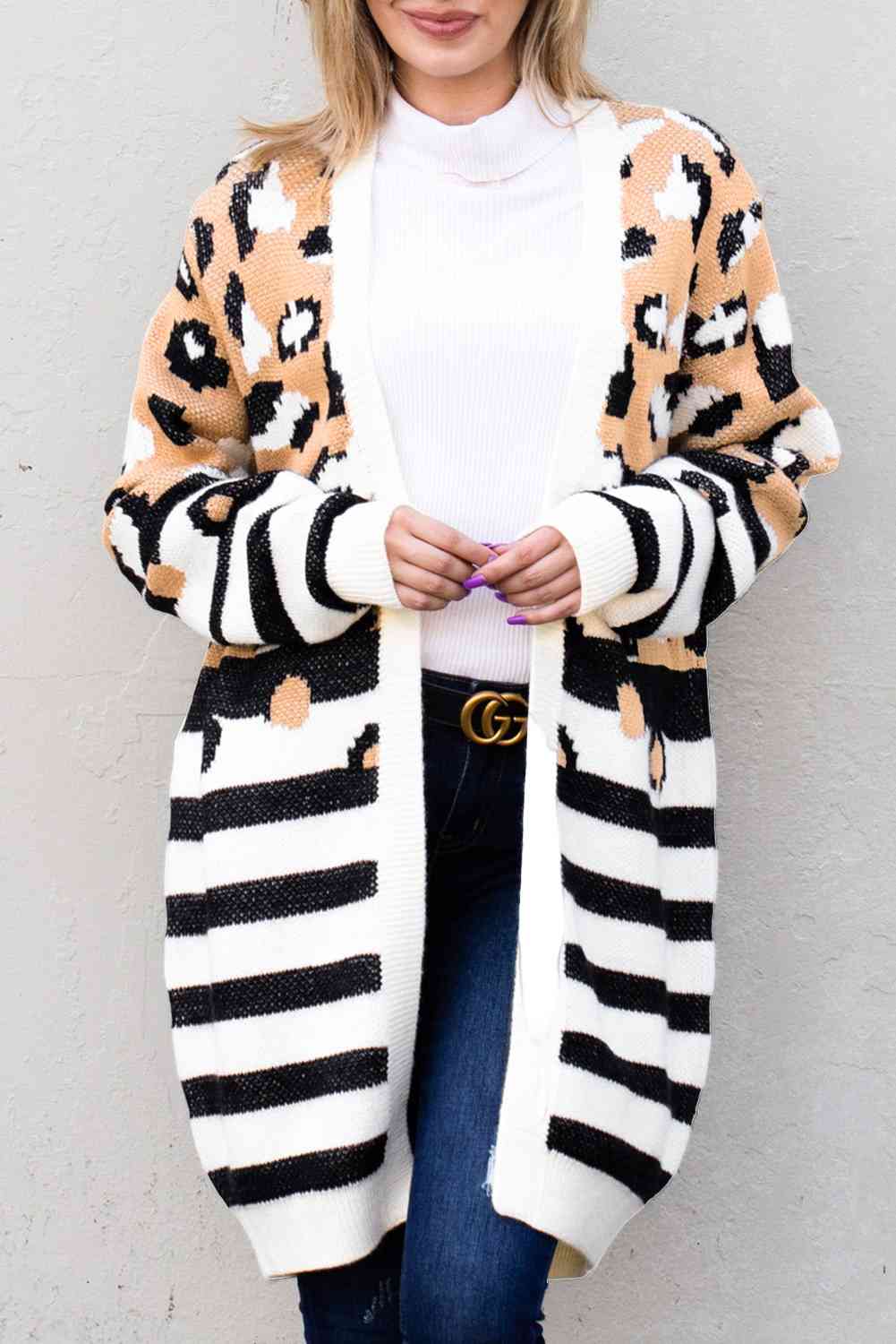 Striped Open Front Longline Cardigan - Ladyez