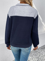 Textured Contrast Half Button Sweatshirt - Ladyez
