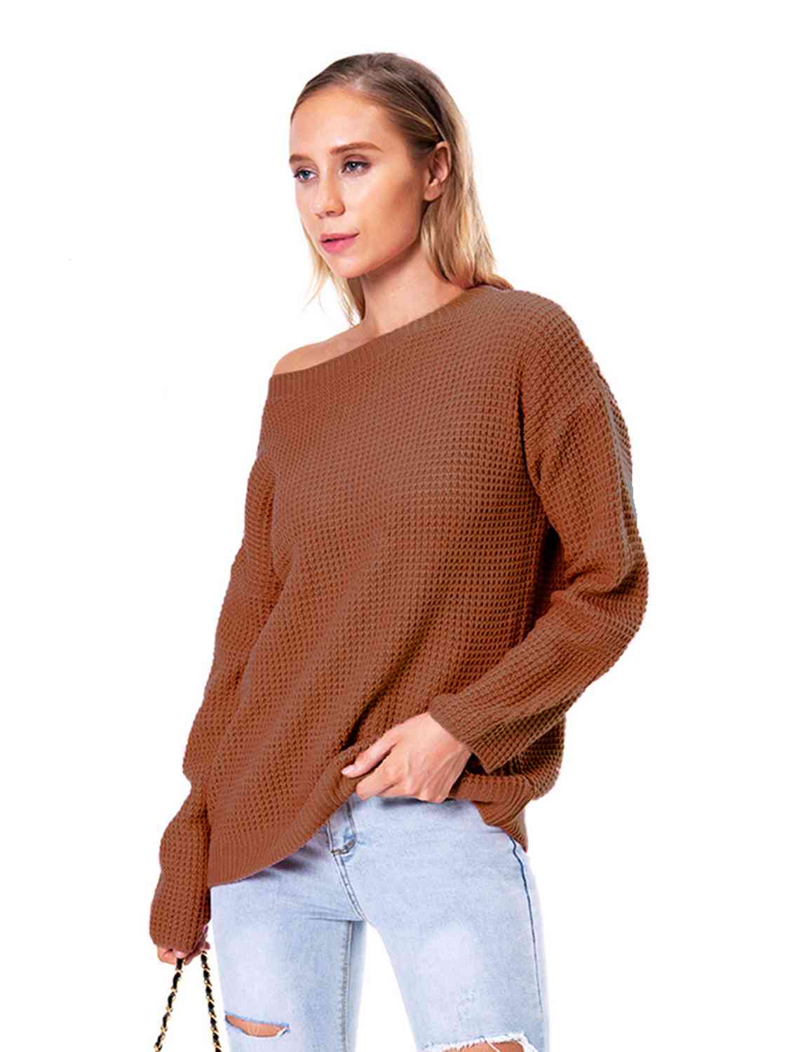 Boat Neck Drop Shoulder Long Sleeve Sweater - Ladyez