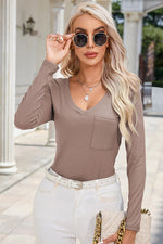 Ribbed V-Neck Long Sleeve Blouse with Pocket - Ladyez