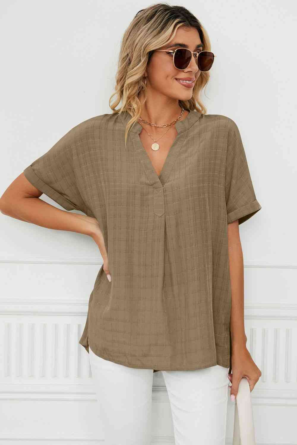 Side Slit Notched Neck Cuffed Short Sleeve Blouse - Ladyez
