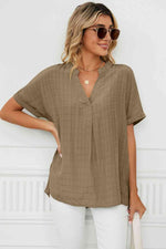 Side Slit Notched Neck Cuffed Short Sleeve Blouse - Ladyez