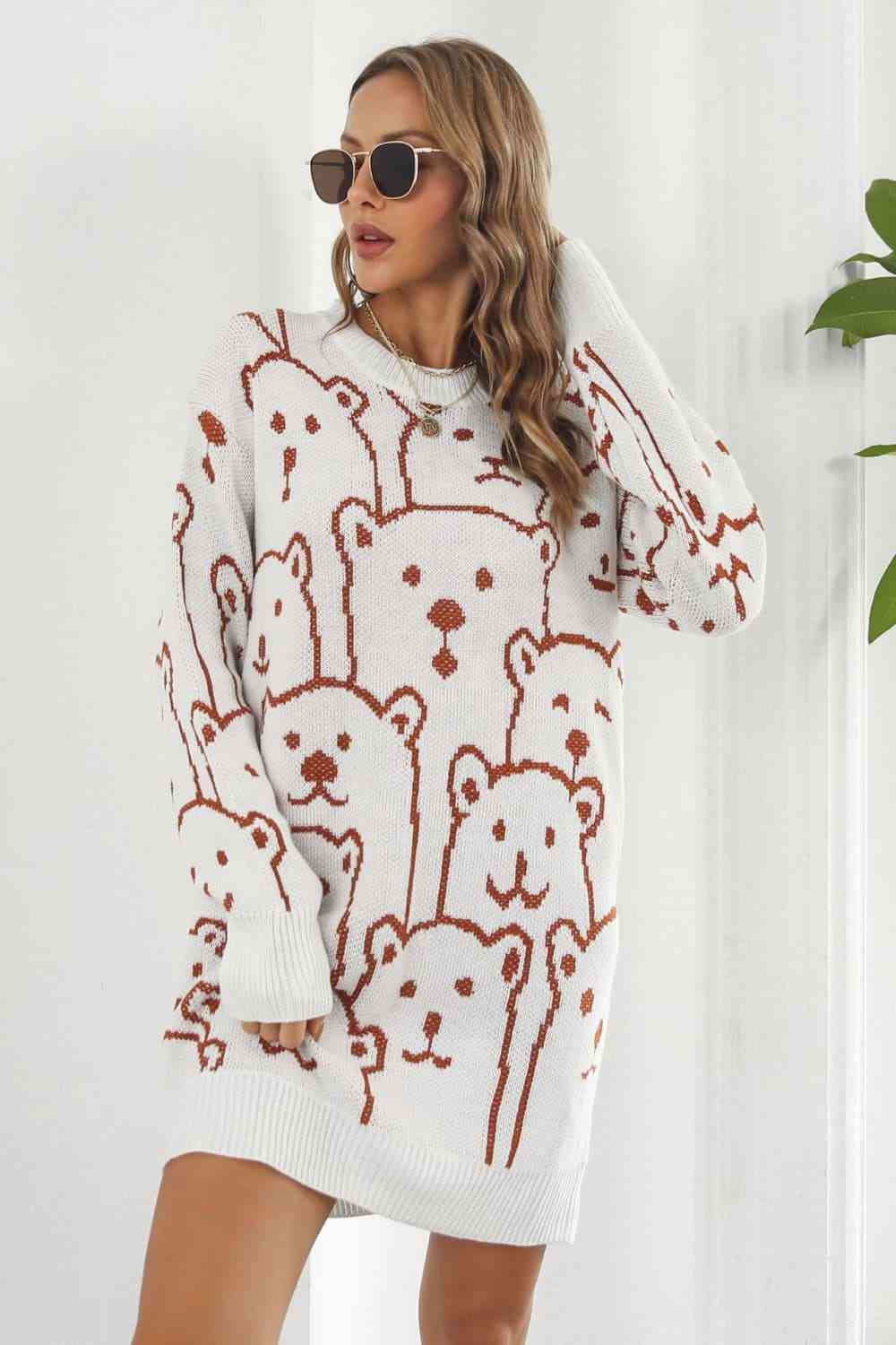Bear Pattern Round Neck Sweater Dress - Ladyez