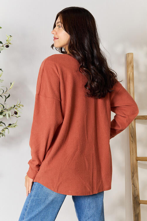 BOMBOM Drop Shoulder Long Sleeve Blouse with Pockets - Ladyez