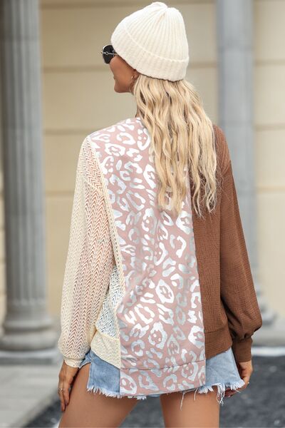 Leopard Round Neck Long Sleeve Blouse - Ladyez