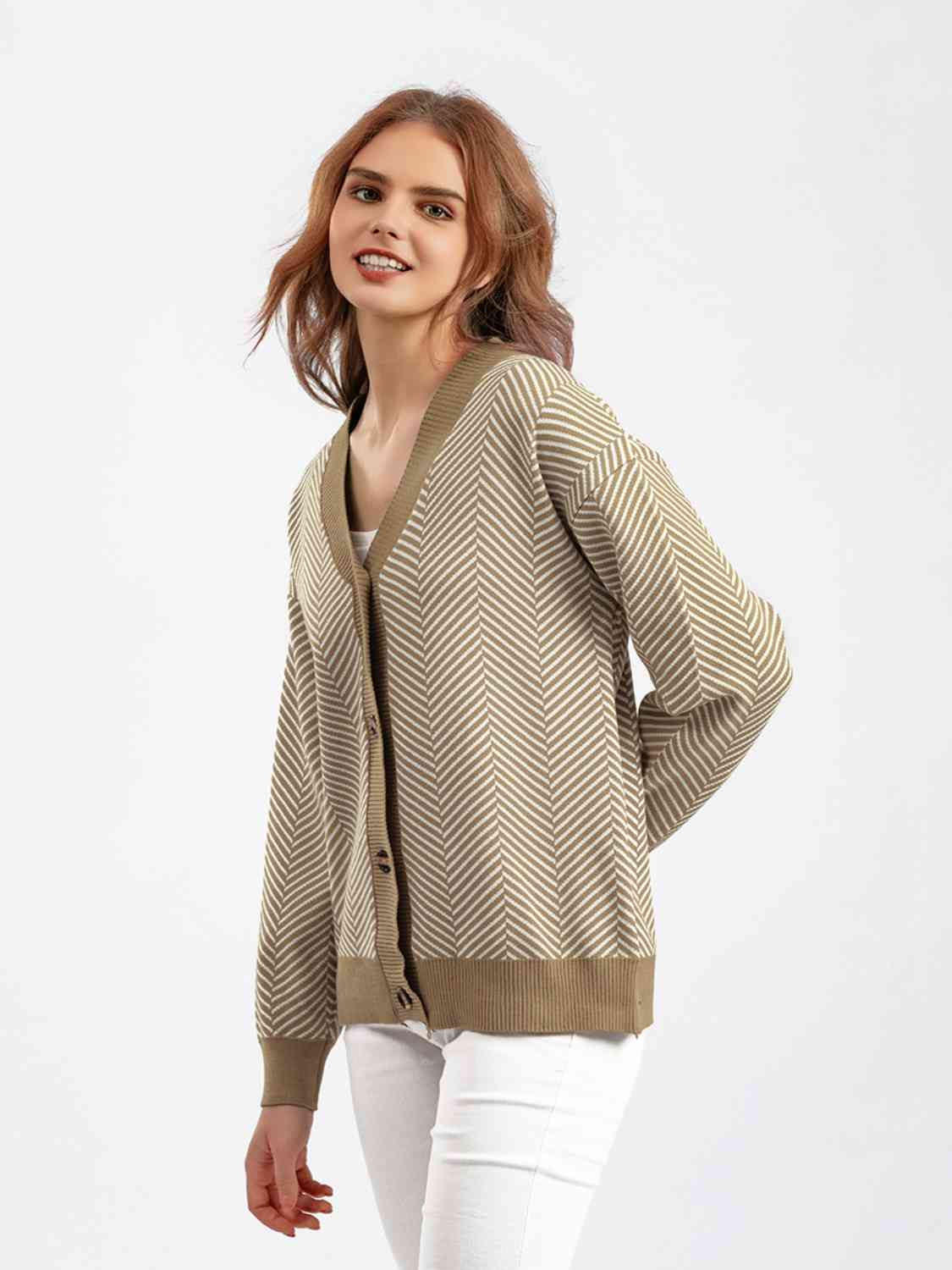 Button Down V-Neck Cardigan - Ladyez