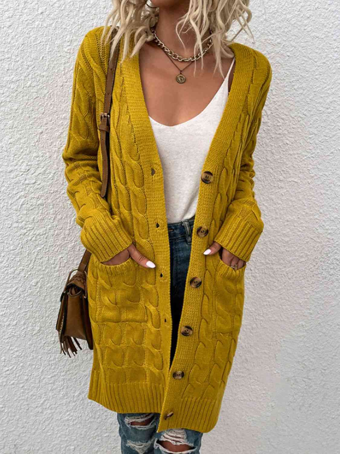 Cable-Knit Button Down Cardigan with Pockets - Ladyez