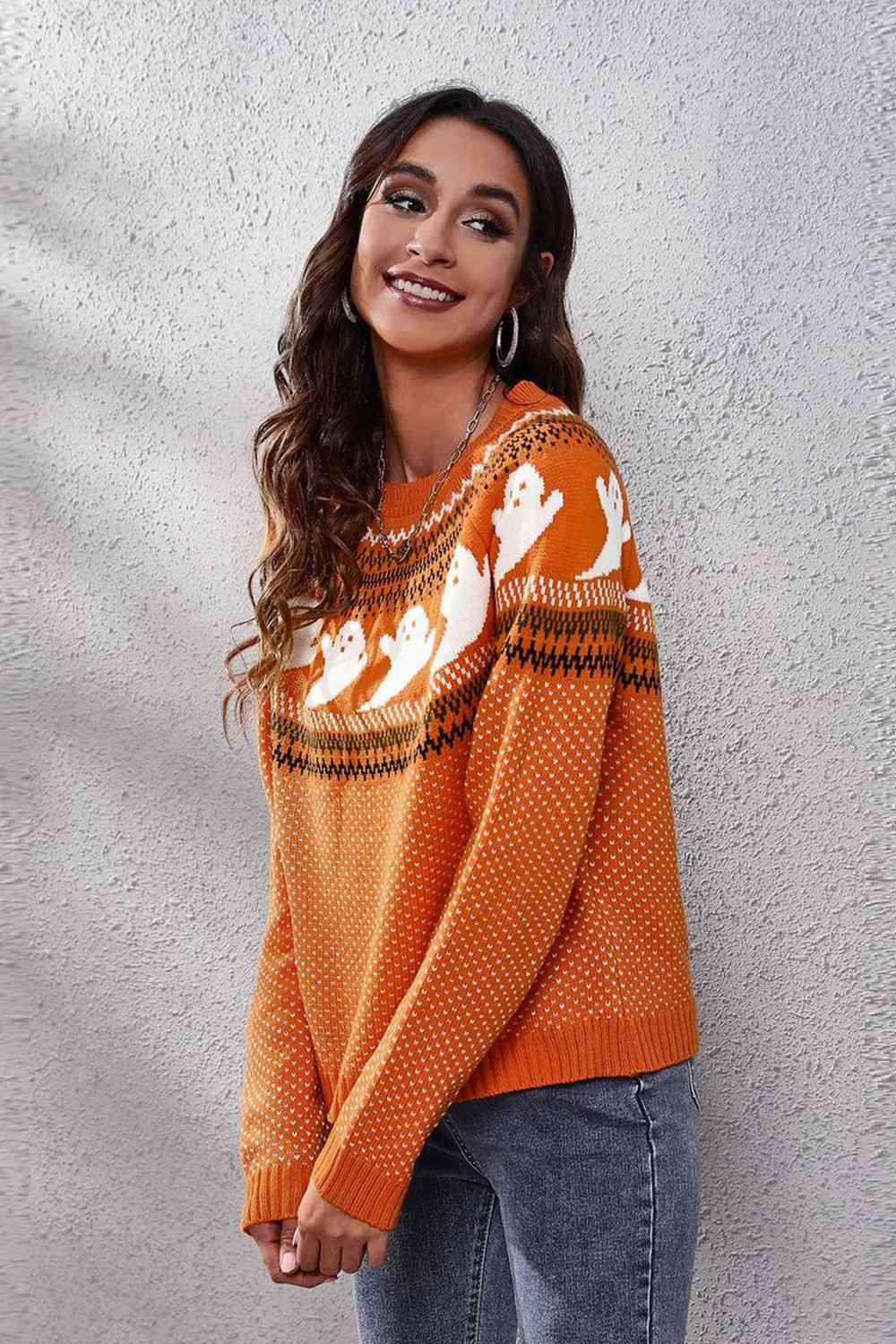 Ghost Pattern Round Neck Long Sleeve Sweater - Ladyez
