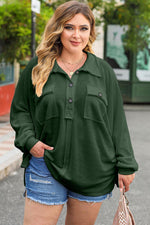 Plus Size Half Button Collared Neck Long Sleeve Blouse - Ladyez