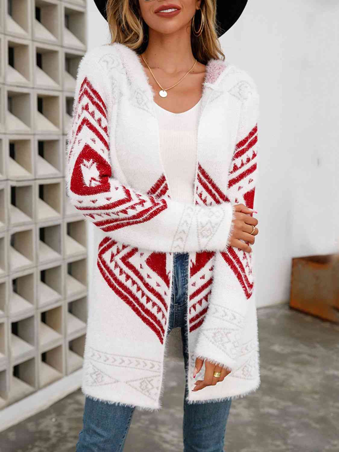 Geometric Fuzzy Hooded Cardigan - Ladyez
