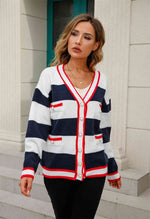 Color Block V-Neck Long Sleeve Cardigan - Ladyez