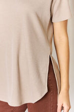 Zenana Baby Waffle Short Sleeve Slit High-Low T-Shirt - Ladyez