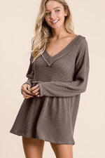 BiBi Waffle Knit V-Neck Babydoll Blouse - Ladyez