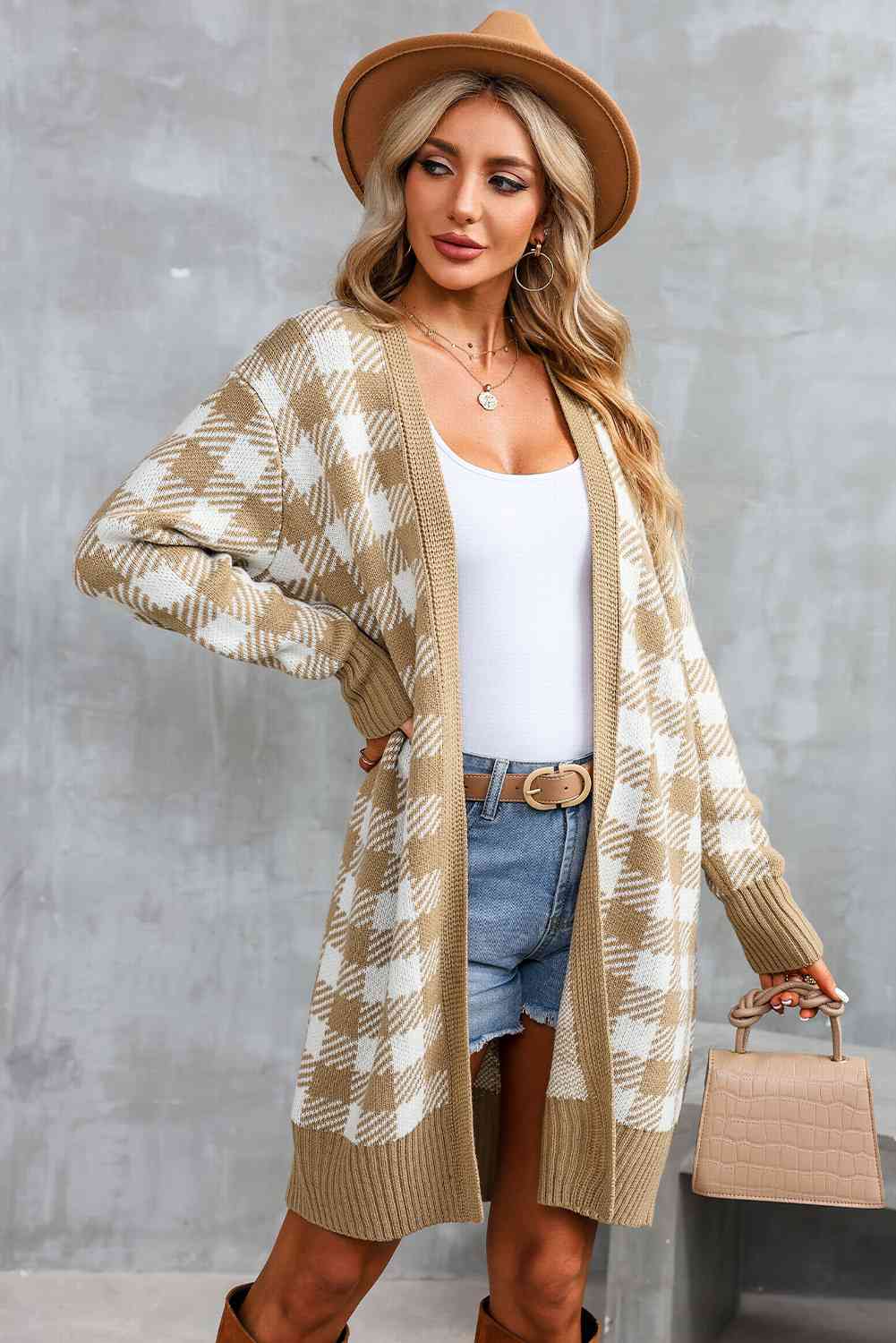 Plaid Open Front Long Sleeve Cardigan - Ladyez