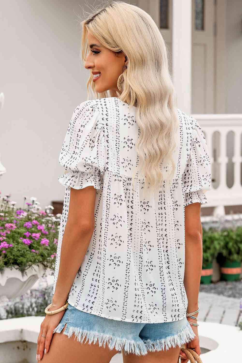 Embroidered Round Neck Flounce Sleeve Blouse - Ladyez