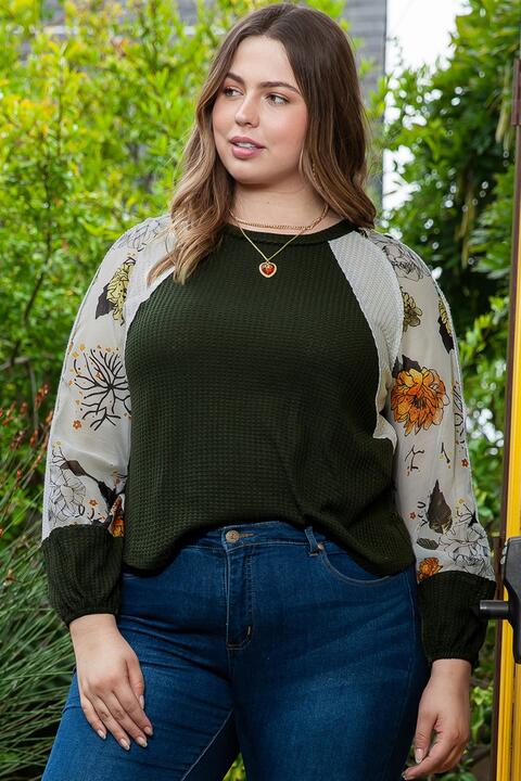 Plus Size Floral Waffle-Knit Round Neck Blouse - Ladyez