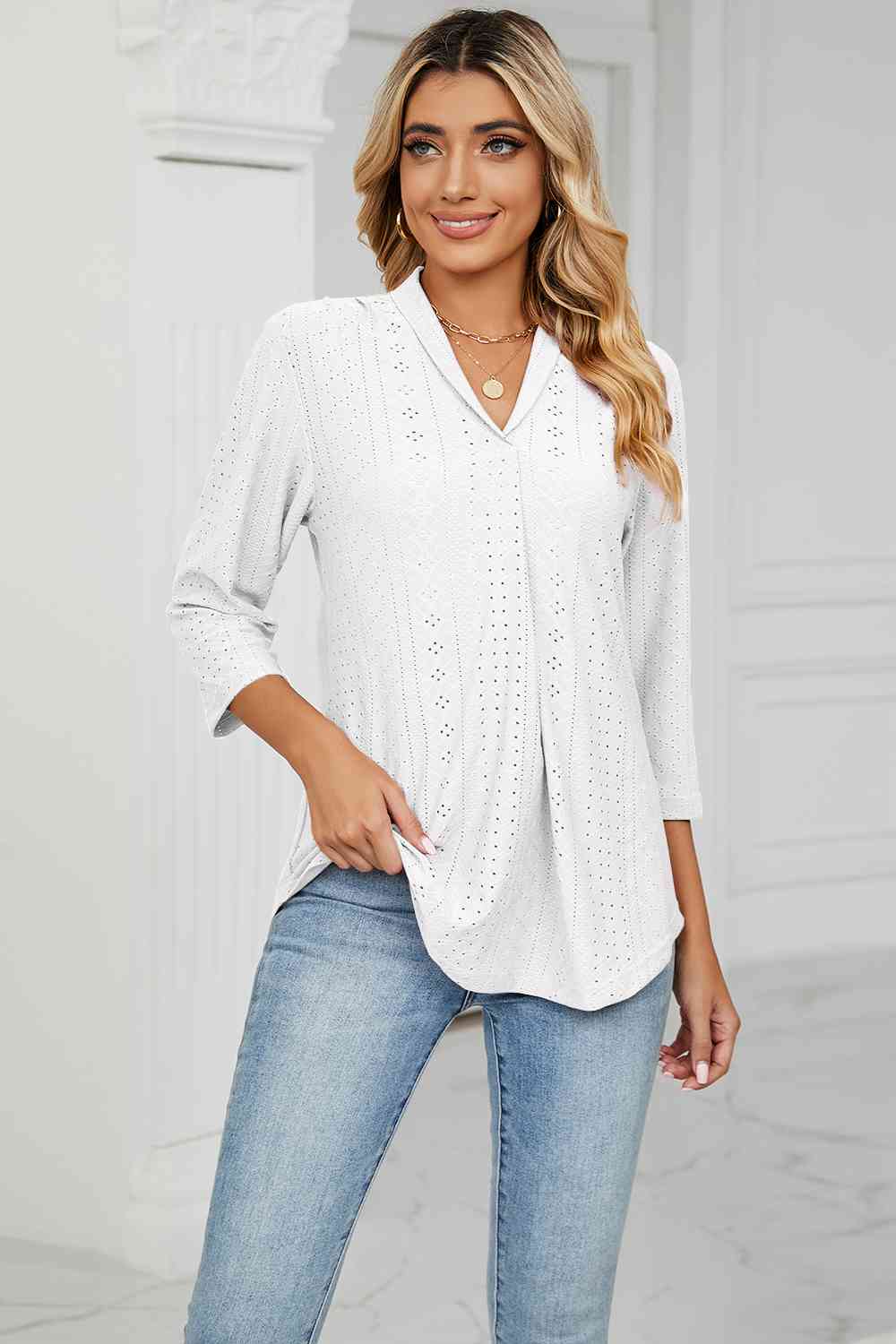 Eyelet Three-Quarter Sleeve Blouse - Ladyez