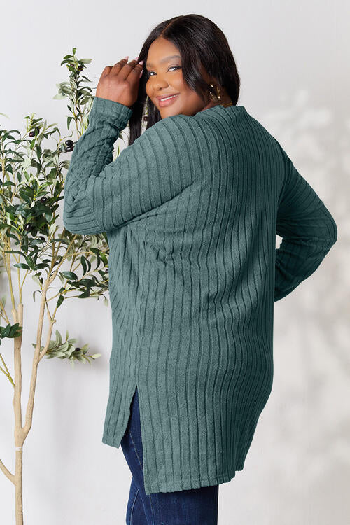 Basic Bae Full Size Ribbed Round Neck Long Sleeve Slit Top - Ladyez
