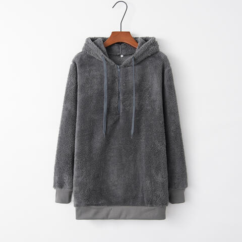 Quarter-Zip Drawstring Teddy Hoodie - Ladyez