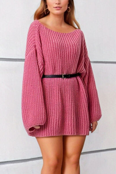 Boat Neck Dropped Shoulder Mini Sweater Dress - Ladyez