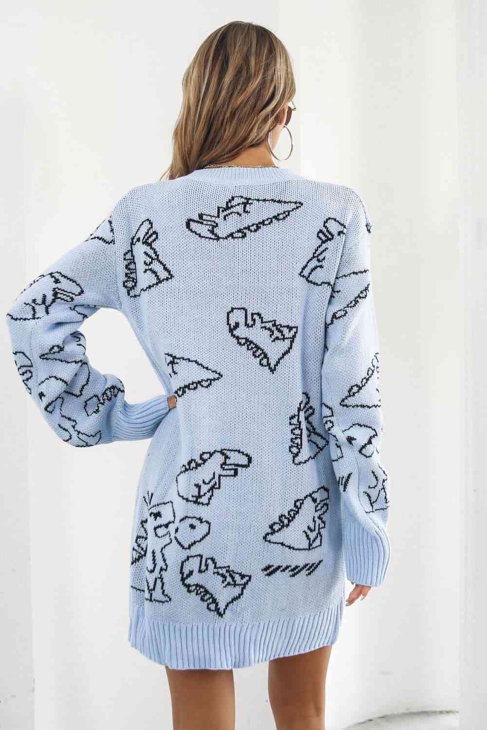 Dinosaur Pattern V-Neck Sweater Dress - Ladyez