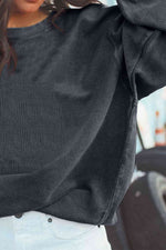 Ribbed Round Neck Drop Shoulder Sweatshirt - Ladyez