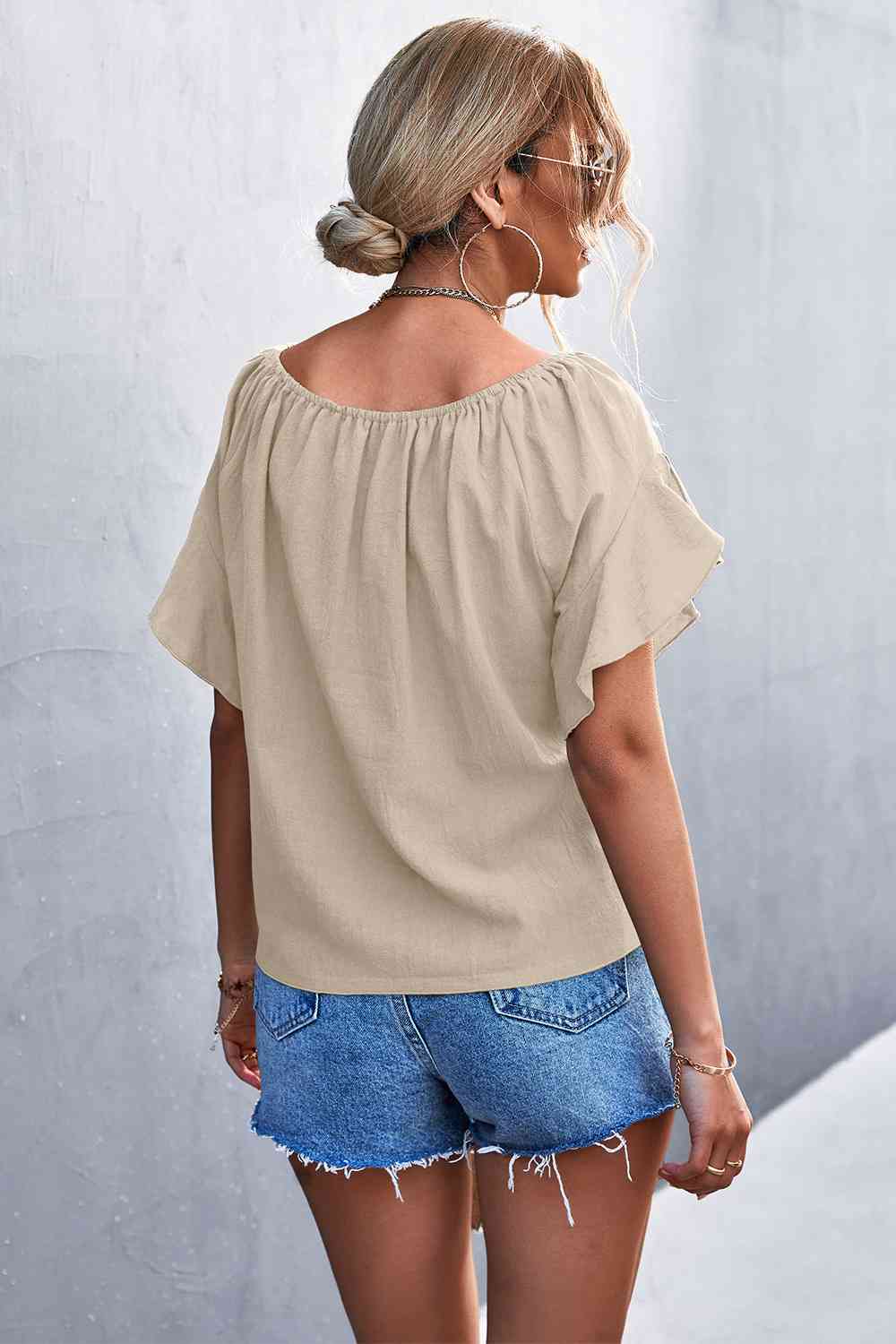 Flutter Sleeve Tie-Front Blouse - Ladyez