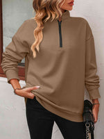 Zip-Up Dropped Shoulder Sweatshirt - Ladyez