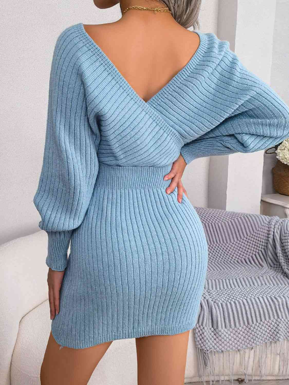 Rib-Knit Dolman Sleeve Sweater Dress - Ladyez