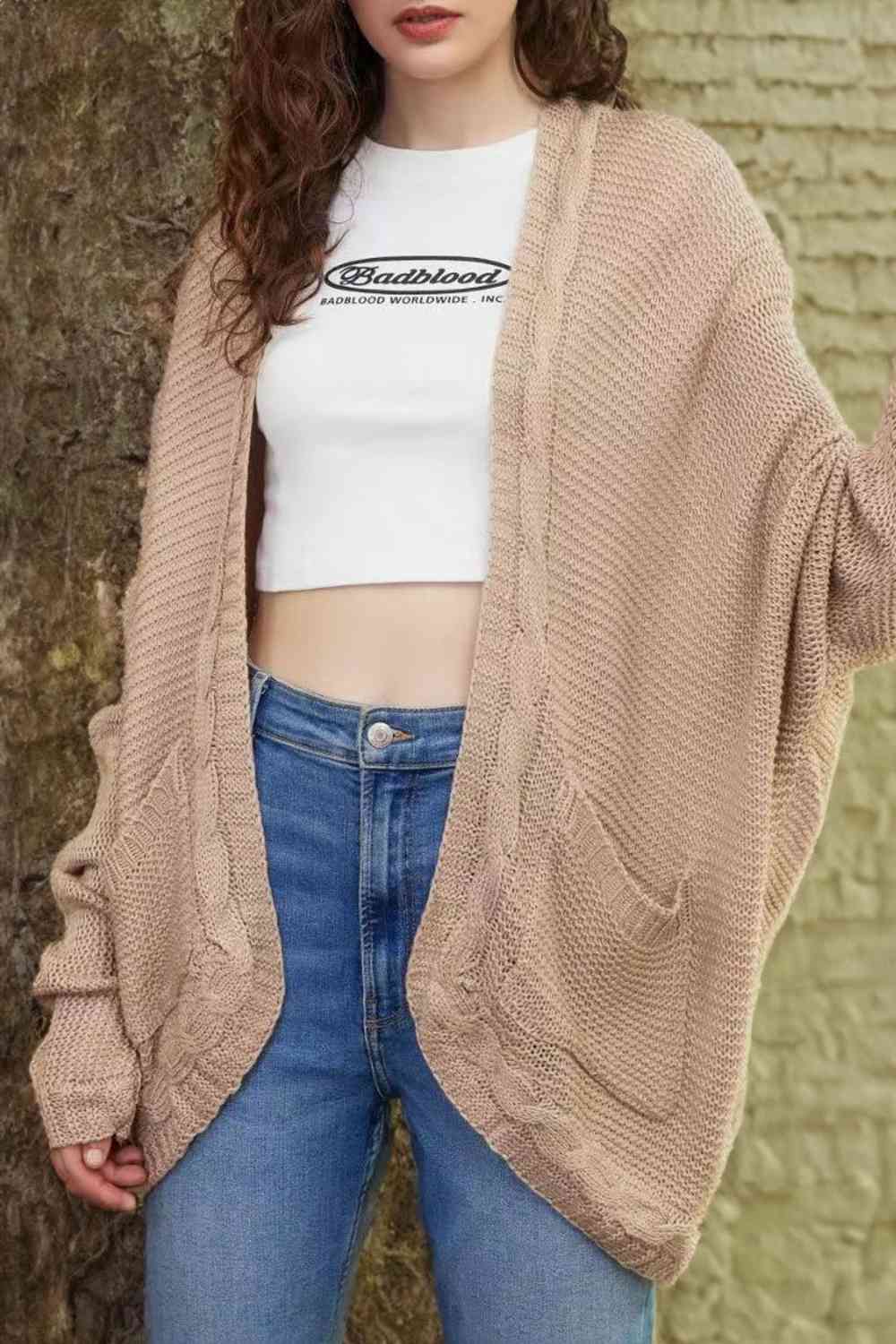 Cable-Knit Open Front Cardigan with Pockets - Ladyez
