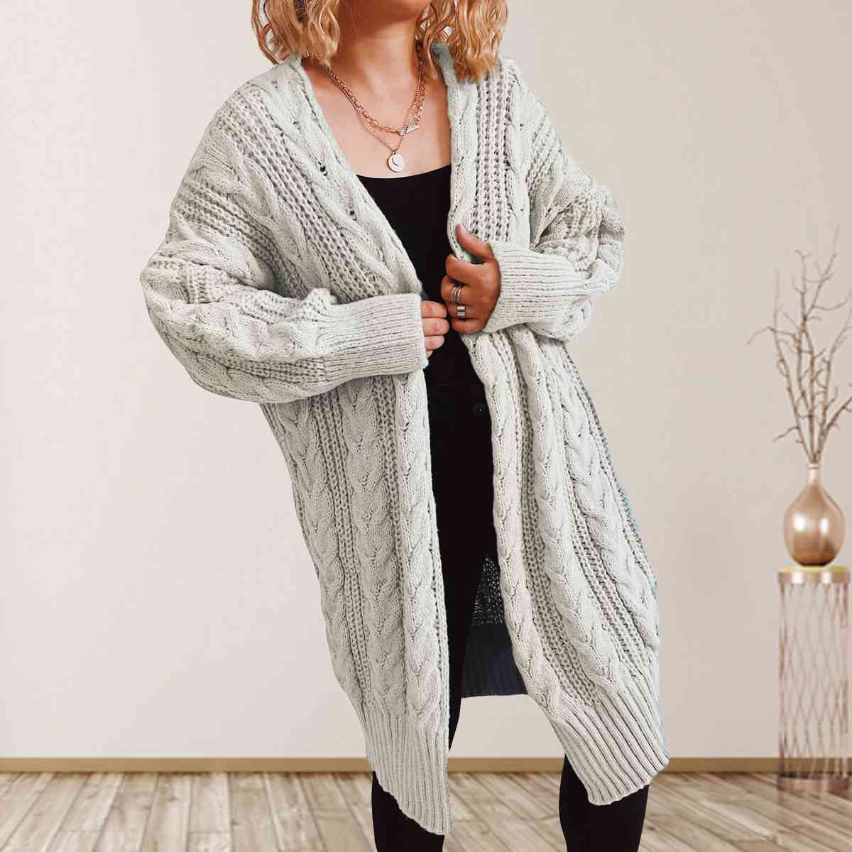 Cable-Knit Open Front Dropped Shoulder Cardigan - Ladyez