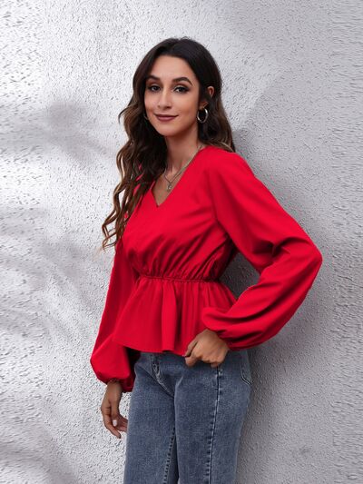 V-Neck Balloon Sleeve Peplum Blouse - Ladyez
