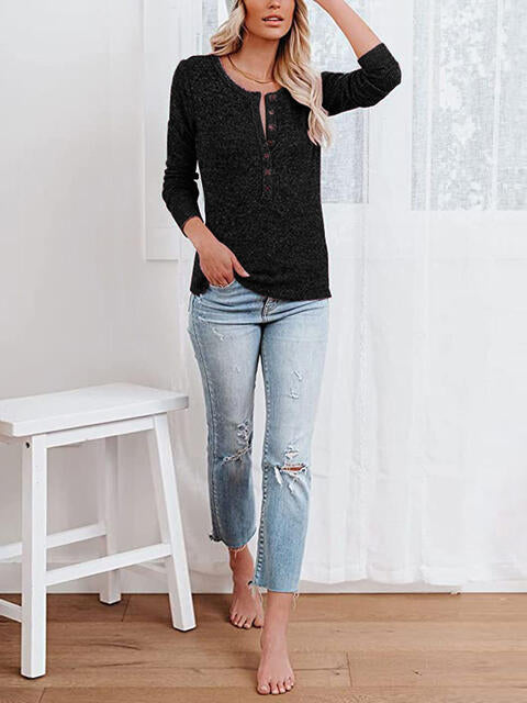 Round Neck Buttoned Long Sleeve T-Shirt - Ladyez