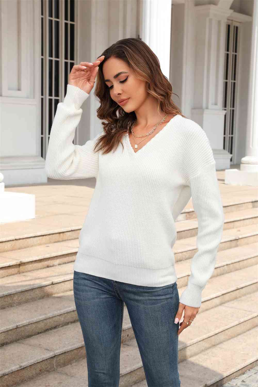 Ribbed V-Neck Dropped Shoulder Knit Top - Ladyez