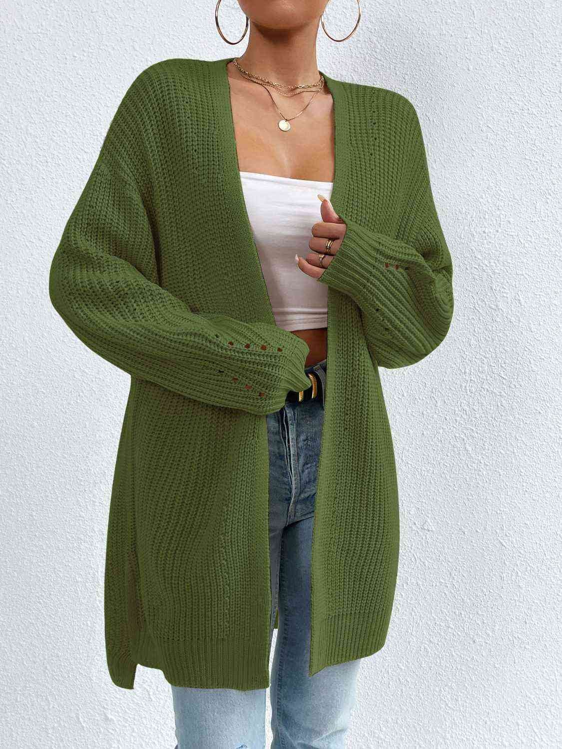 Open Front Dropped Shoulder Slit Cardigan - Ladyez