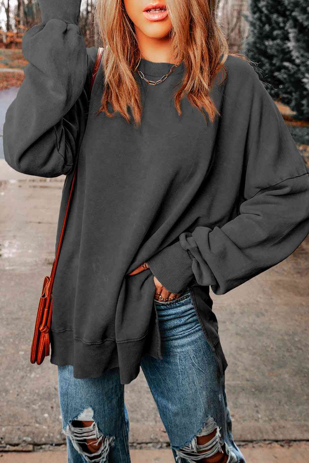 Dropped Shoulder Round Neck Long Sleeve Blouse - Ladyez