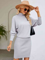 Turtle Neck Long Sleeve Ribbed Sweater Dress - Ladyez