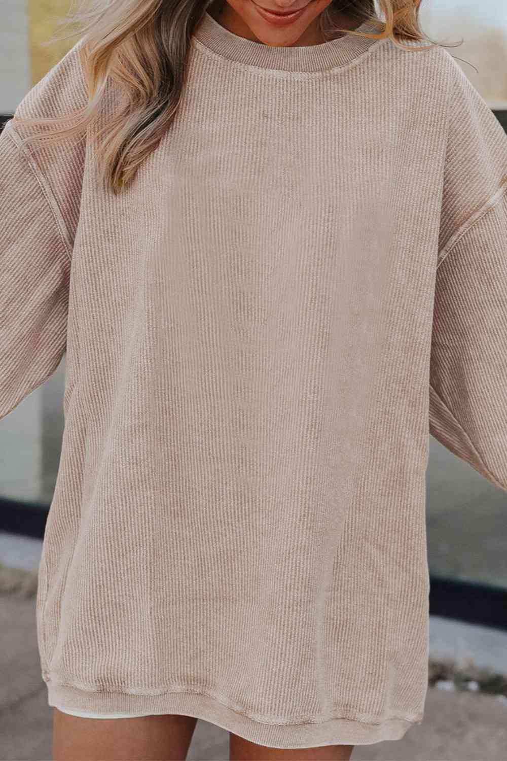 Ribbed Round Neck Drop Shoulder Sweatshirt - Ladyez