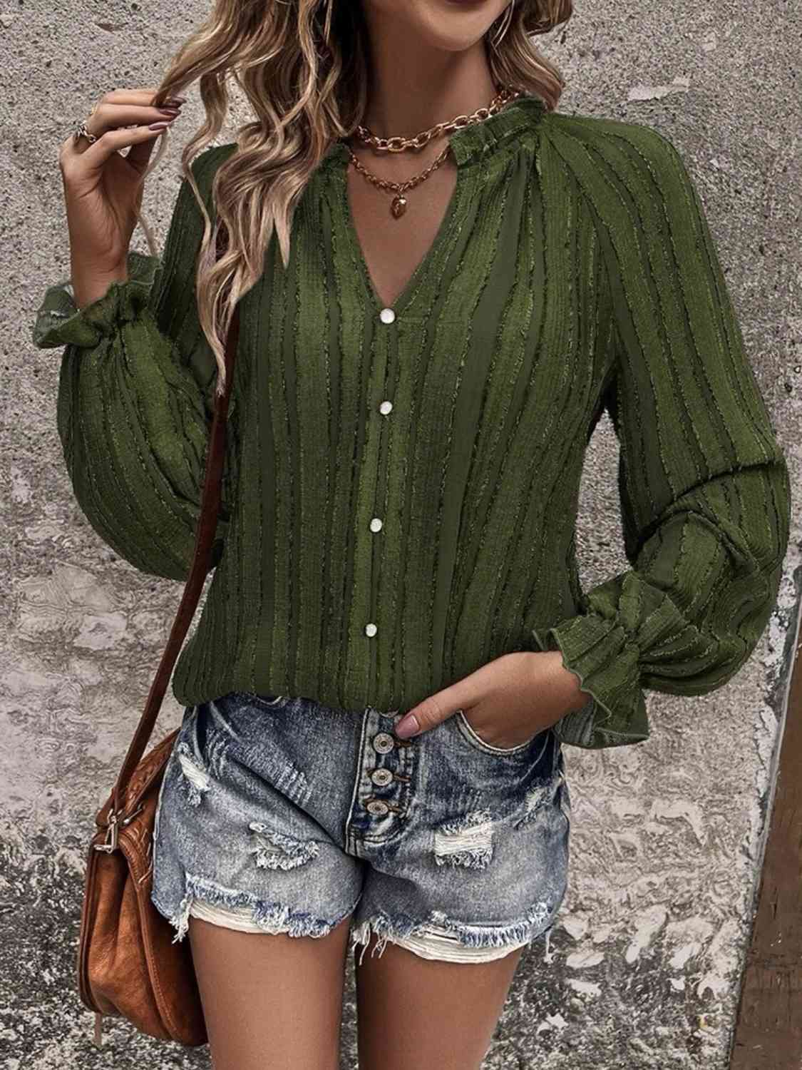 Notched Neck Flounce Sleeve Shirt - Ladyez