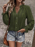 Notched Neck Flounce Sleeve Shirt - Ladyez