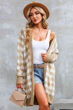 Plaid Open Front Long Sleeve Cardigan - Ladyez