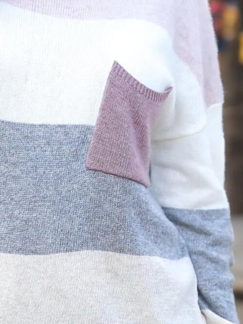 Striped Round Neck Sweater with Pocket - Ladyez