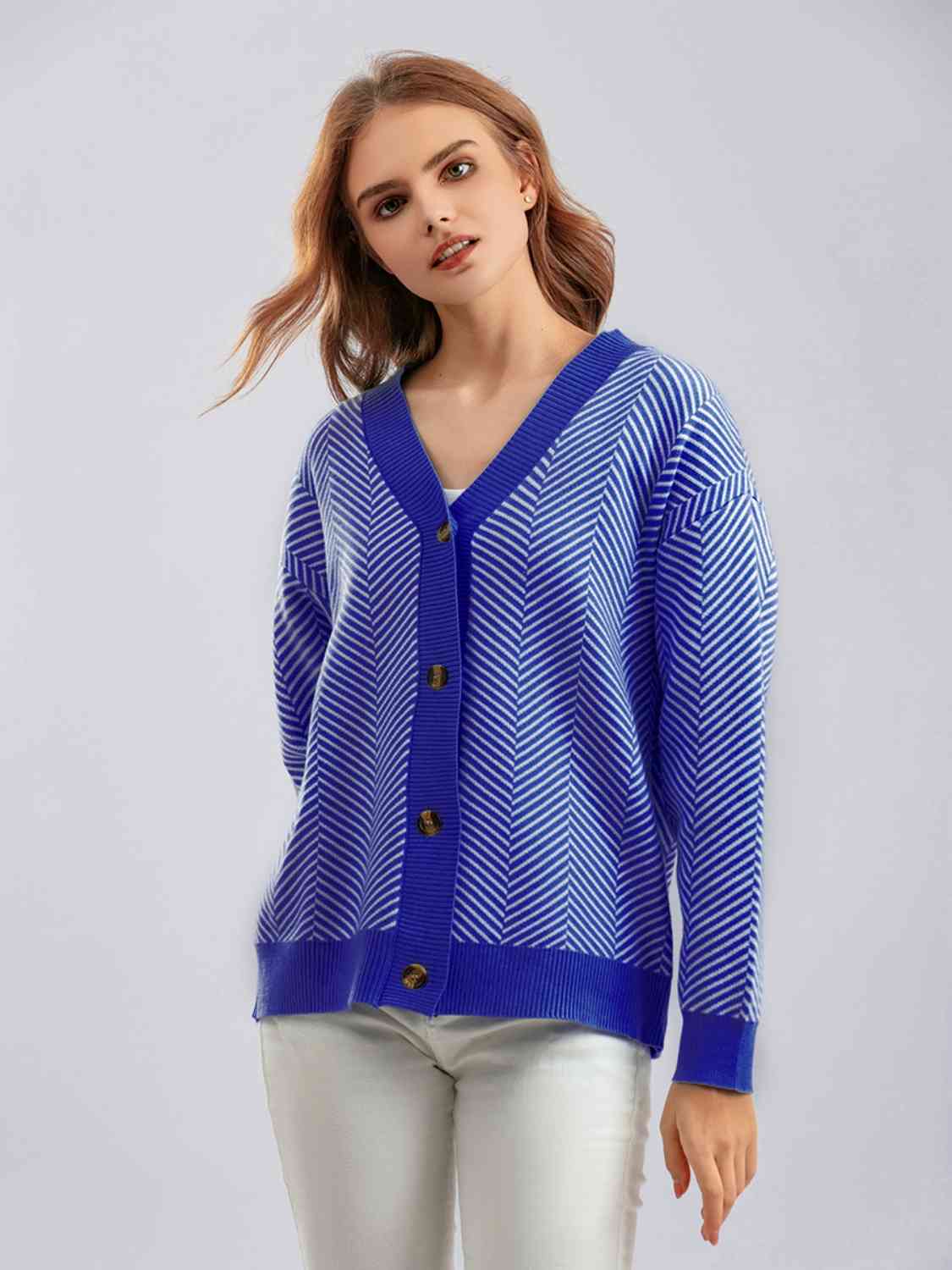 Button Down V-Neck Cardigan - Ladyez