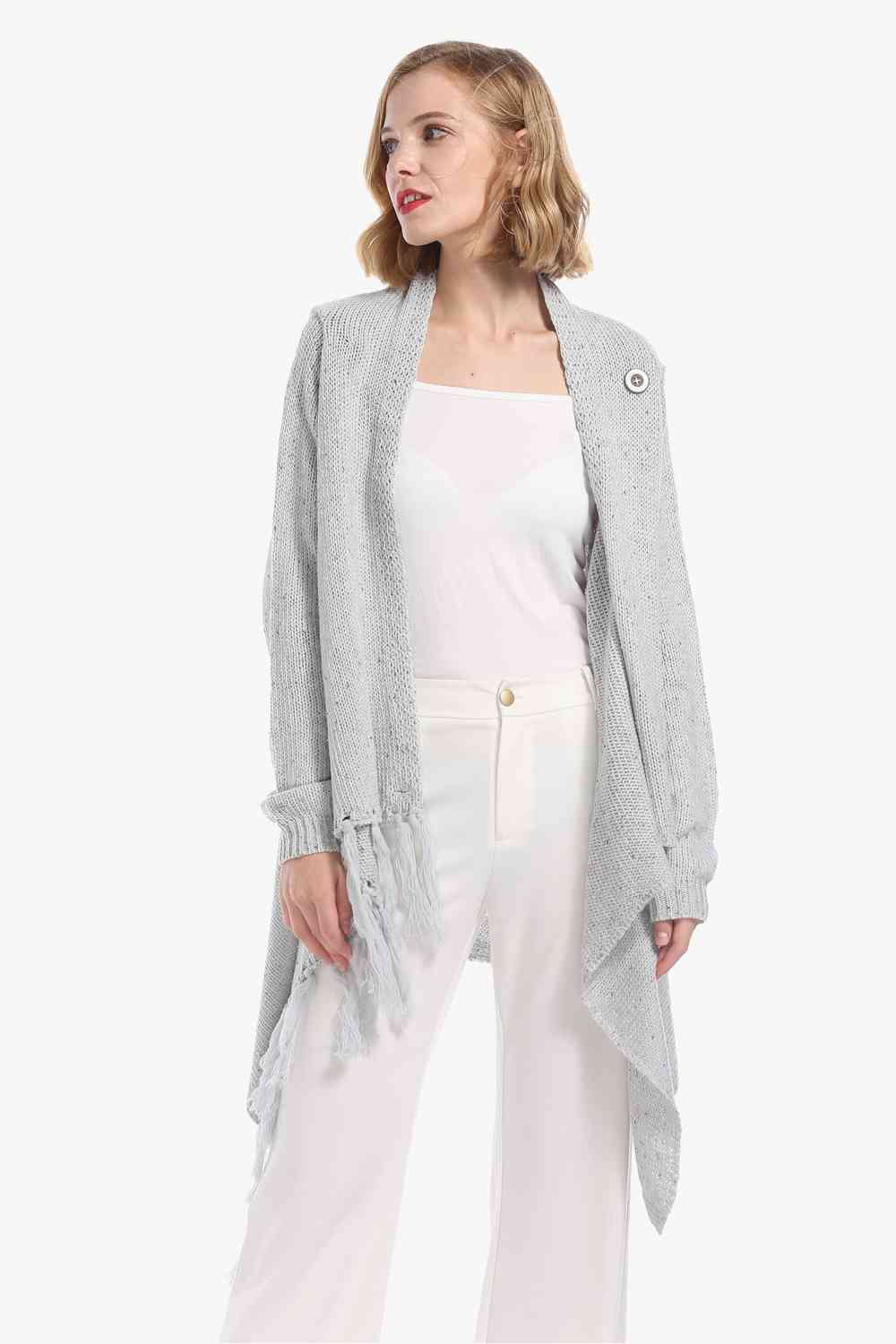One-Button Tassel Tie Asymmetrical Hem Cardigan - Ladyez