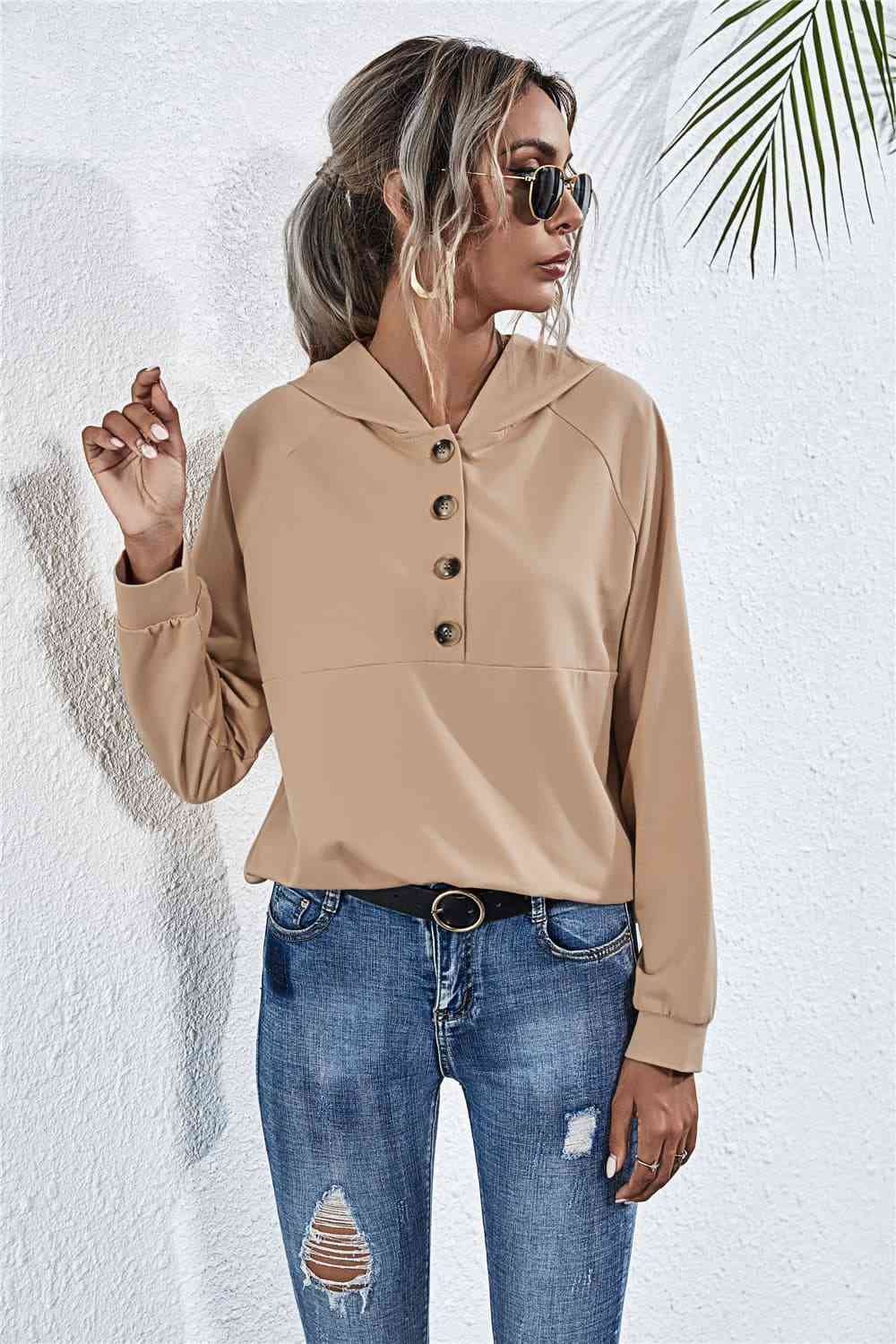 Buttoned Raglan Sleeve Hooded Blouse - Ladyez