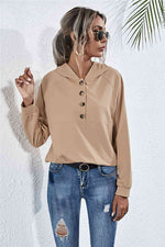 Buttoned Raglan Sleeve Hooded Blouse - Ladyez