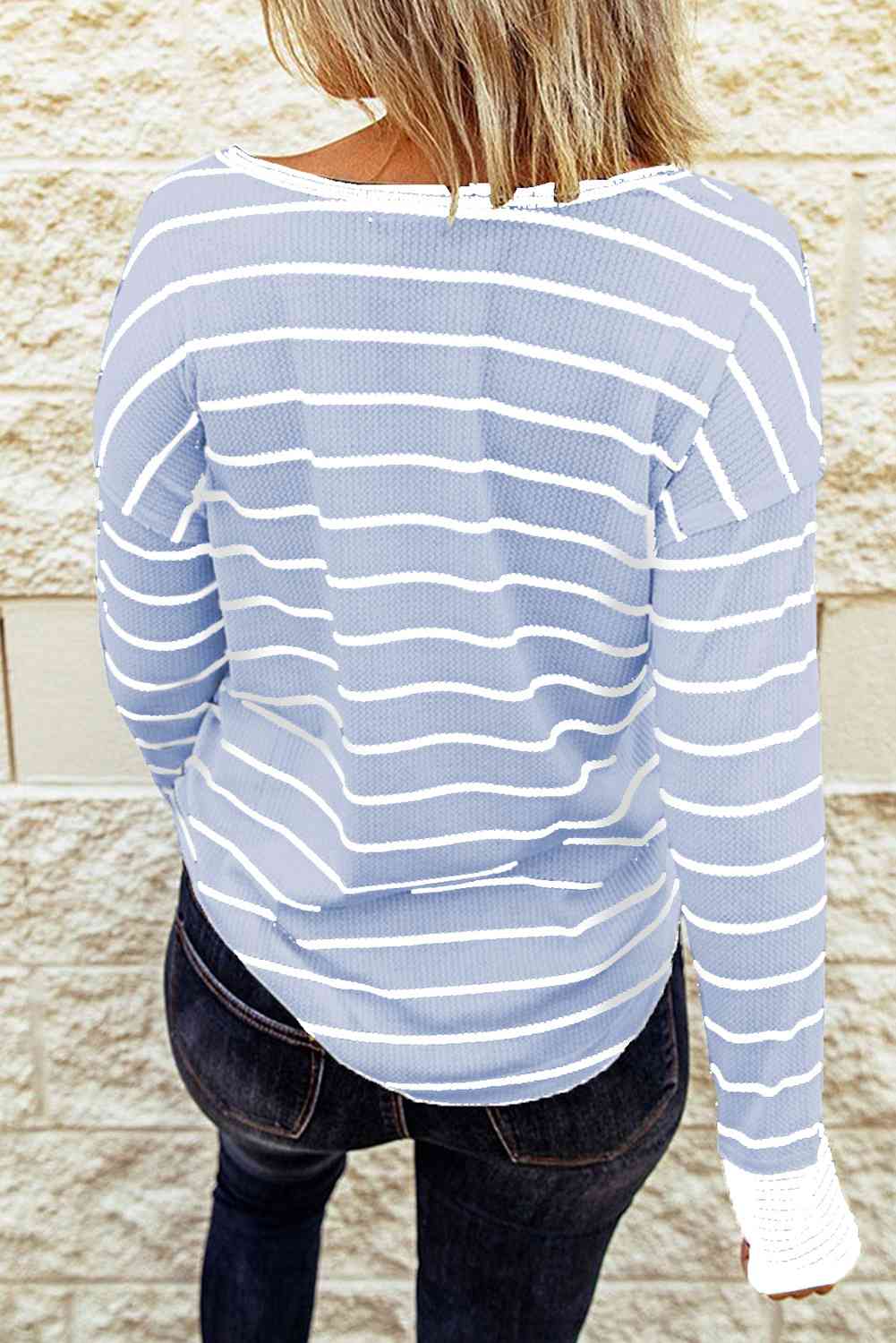 Striped Waffle Knit Henley Long Sleeve Top - Ladyez