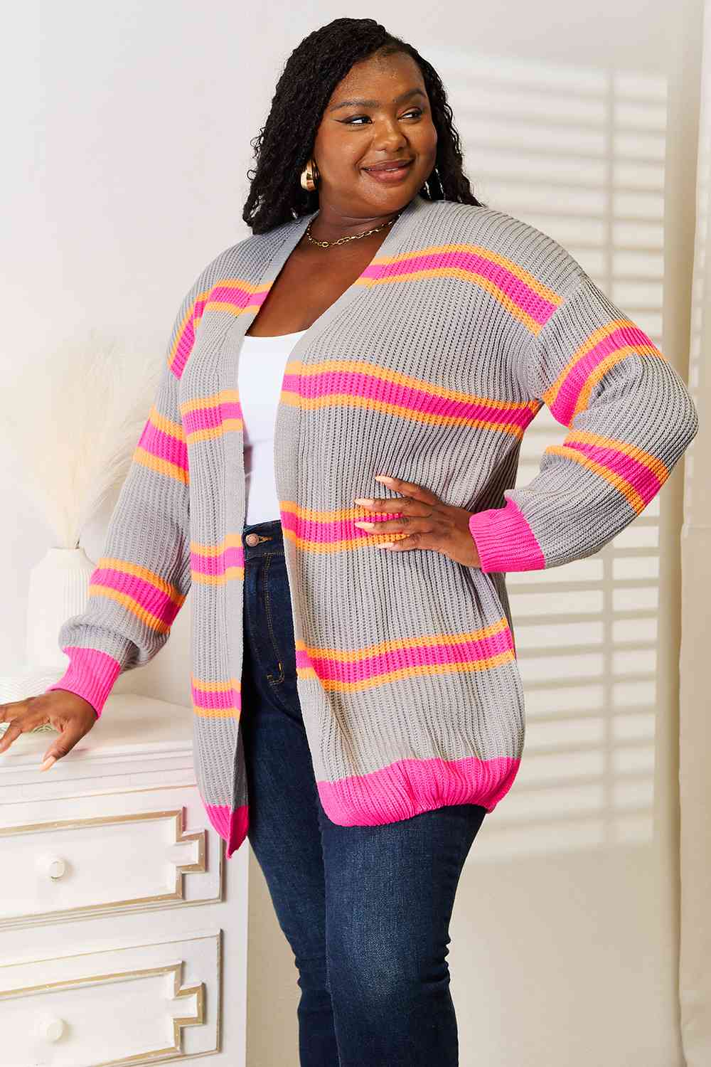 Woven Right Ribbed Long Sleeve Cardigan - Ladyez