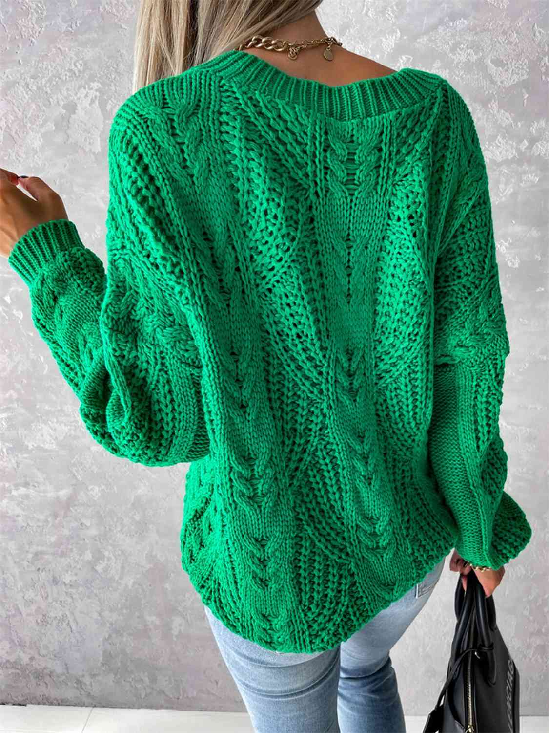 V-Neck Cable-Knit Long Sleeve Sweater - Ladyez
